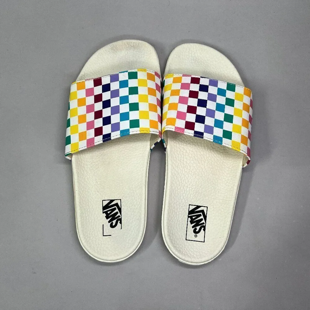 Vans Sandals Girl’s‎ Size 6 Colorful Checkerboard Slide Retro Skate Flip Flops